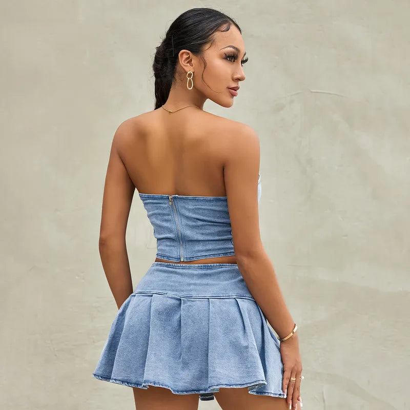 Women Denim 2 Piece Skirts Sets Summer Clothes Sleeveless Off Shoulder Bandeau and Pleated Skirt Dress Sets