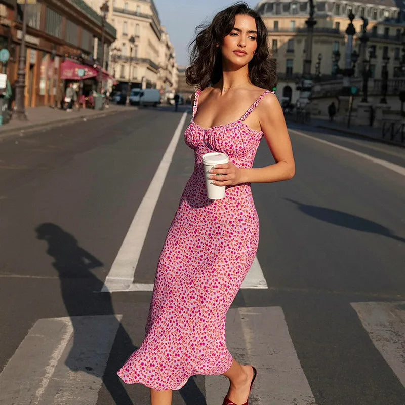 Floral Suspender Split Mini Dress 2024 Summer New Slim Sleeveless Patry Beach Style Spaghetti Strap Dress Women Clothes