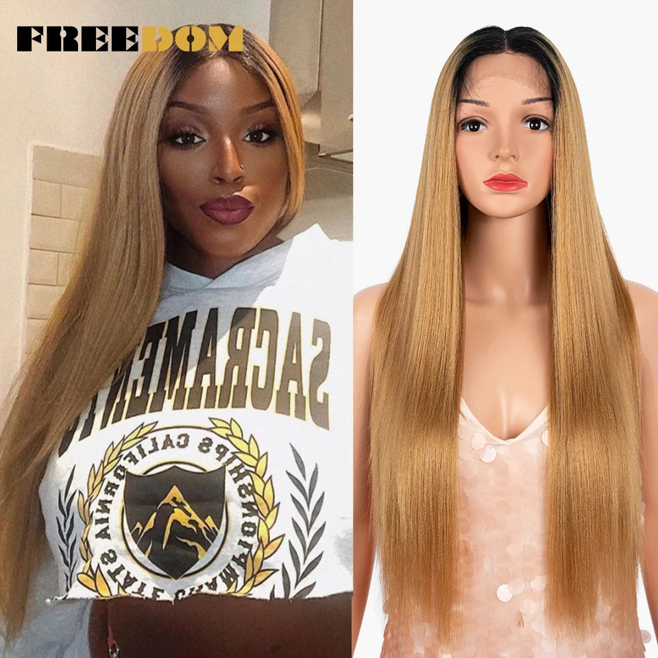 FREEDOM Synthetic Lace Front Wig 28 Inch Long Straight Hair Wigs Soft Red Blonde Lace Front Wigs For Black Women Cosplay Wigs