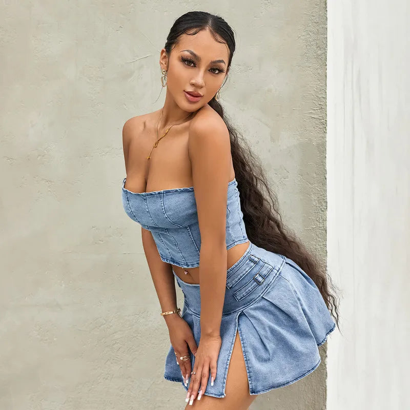 Women Denim 2 Piece Skirts Sets Summer Clothes Sleeveless Off Shoulder Bandeau and Pleated Skirt Dress Sets