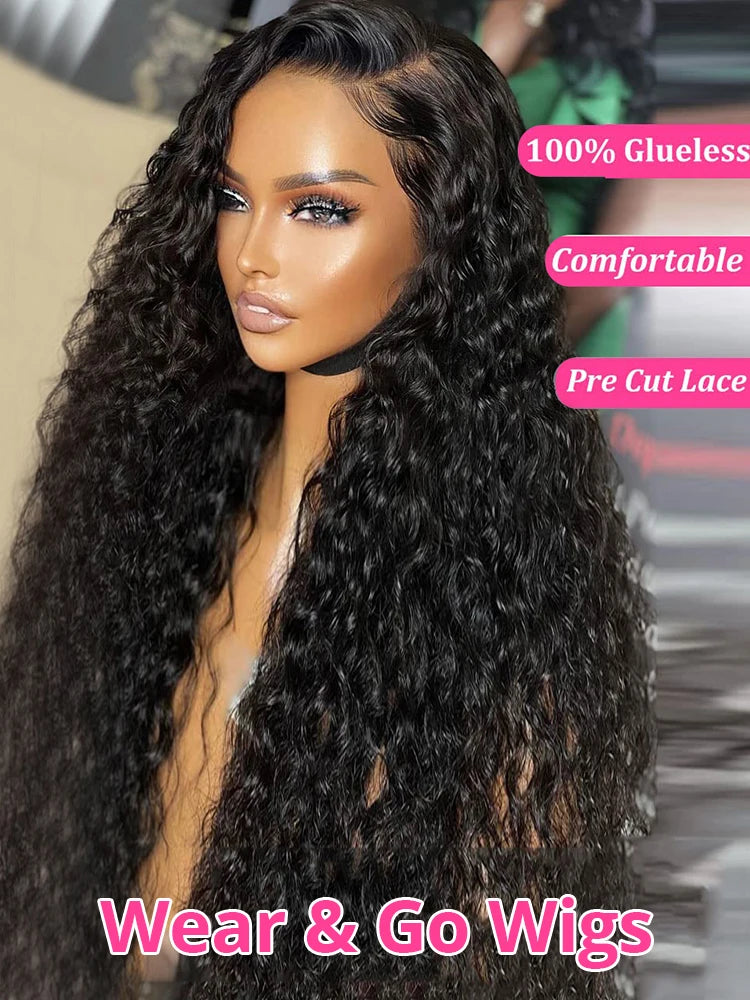 Water Wave Glueless Wig Ready to Wear Pre-Cut 5x5 HD Lace Wig Pre-Plucked Glueless Curly Lace Frontal Human Hair Wigs For Women