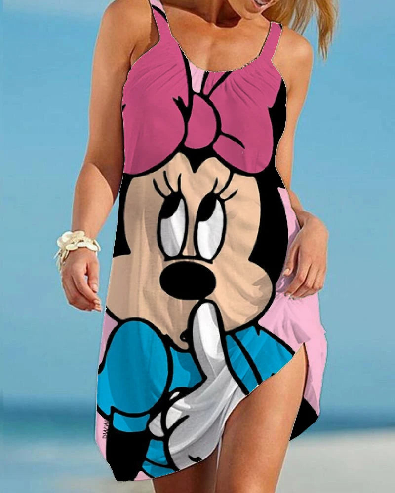 Disney Minnie Cartoon Print Boho Dress for Women Fashion V Neck Sleeveless Dresses Summer Hem Loose Beach Dress Elegant Dress