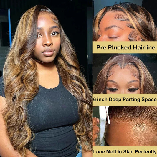 30 40 Inch 4/27 Highlight Colored Ombre Blonde Body Wave Wig Human Hair Brazilian 13x6 HD Transparent Lace Frontal Wig For Women