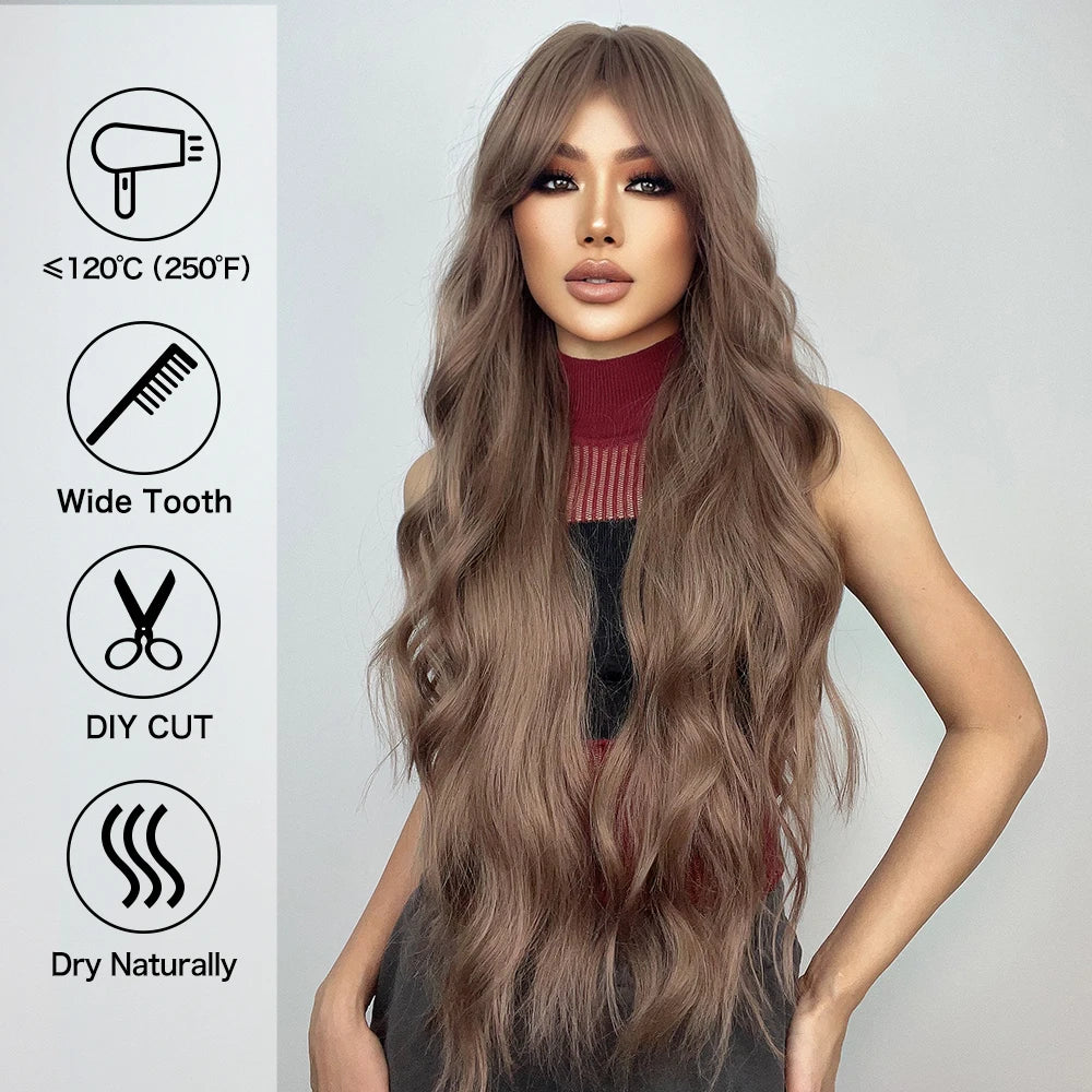 Super Long Curly Wavy Brown Synthetic Wigs with Bangs Cosplay Party Halloween Natural Afro Hair for White Women Heat Resistant