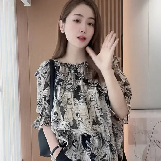 Shirts & Blouses for Women Chiffon Woman Top with Short Sleeve Summer Korean Reviews Clothes Cute and Elegant Aesthetic Youth M