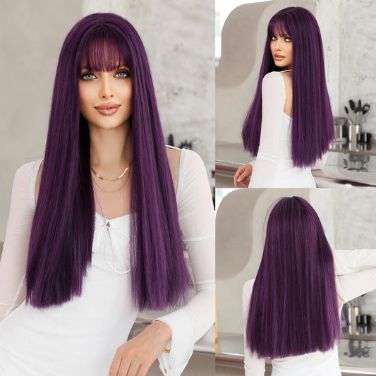 NAMM Long Straight Purple Wig For Woman Daily Party Cosplay Lolita wig Natural Synthetic Wig with bangs Heat Resistant Fiber