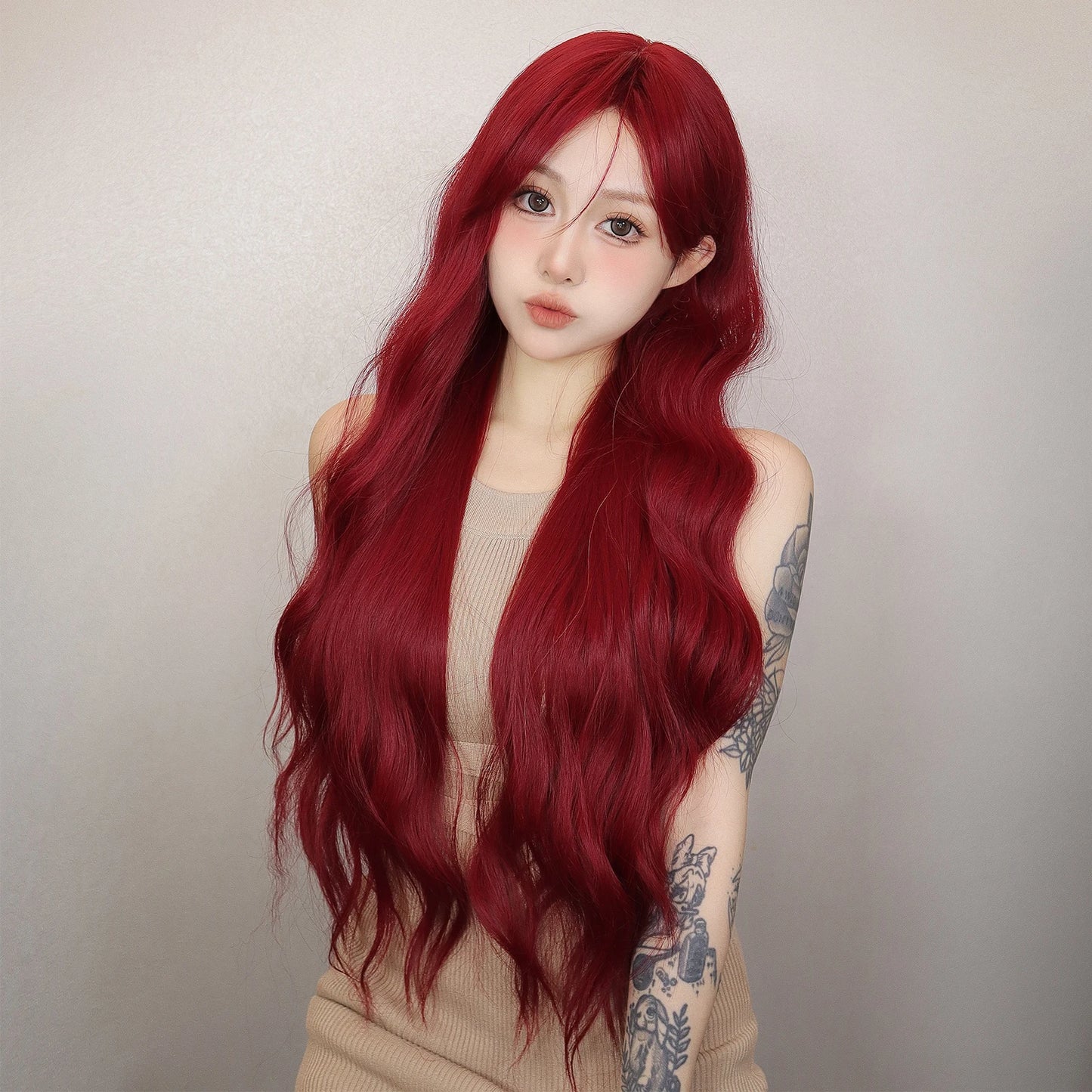 Long Body Wave Wig with Bangs Burgundy Wine Red Colorful Party Wig for Women Natural Daily Cosplay Synthetic Hair Heat Resistant