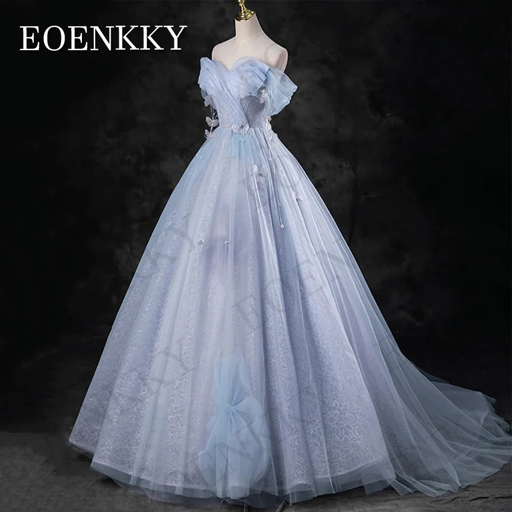 Blue Off Shoulder Princess Prom Dress Sparkly Beading Celebrity A Line Pearls Birthday 3D Flowers Evening Gown вечернее платье