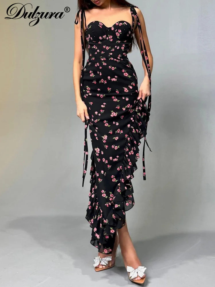 Dulzura Sexy Lace Up Floral Print Midi Dress Sleeveless Backless Irregular Ruffles Dress Summer Women Party Club Y2K Clothes