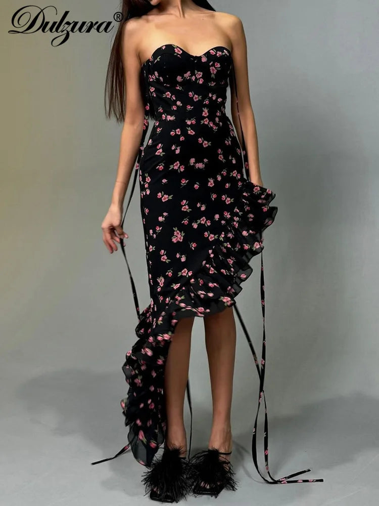 Dulzura Sexy Lace Up Floral Print Midi Dress Sleeveless Backless Irregular Ruffles Dress Summer Women Party Club Y2K Clothes