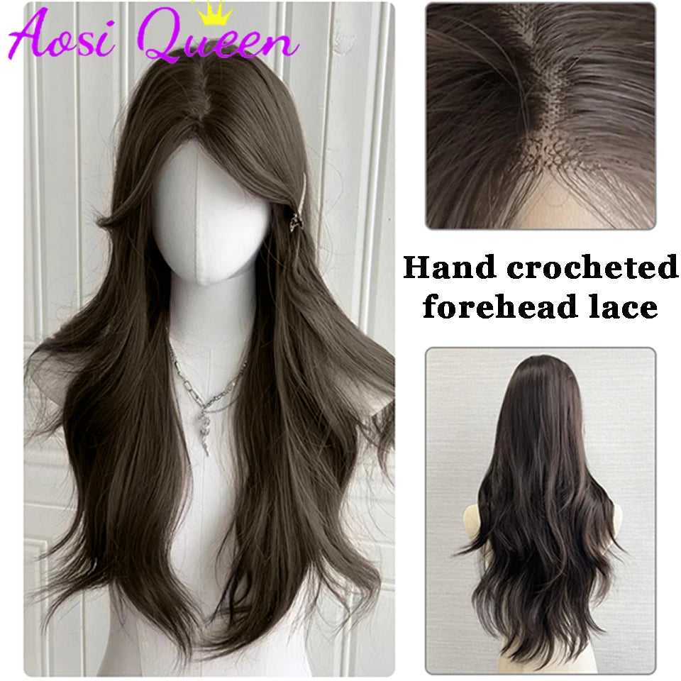 Forehead Lace Wig For Women With Long Hair Aoki Gray Middle-parted Long Curly Hair Big Waves Daily Natural Heat-resistant Wig