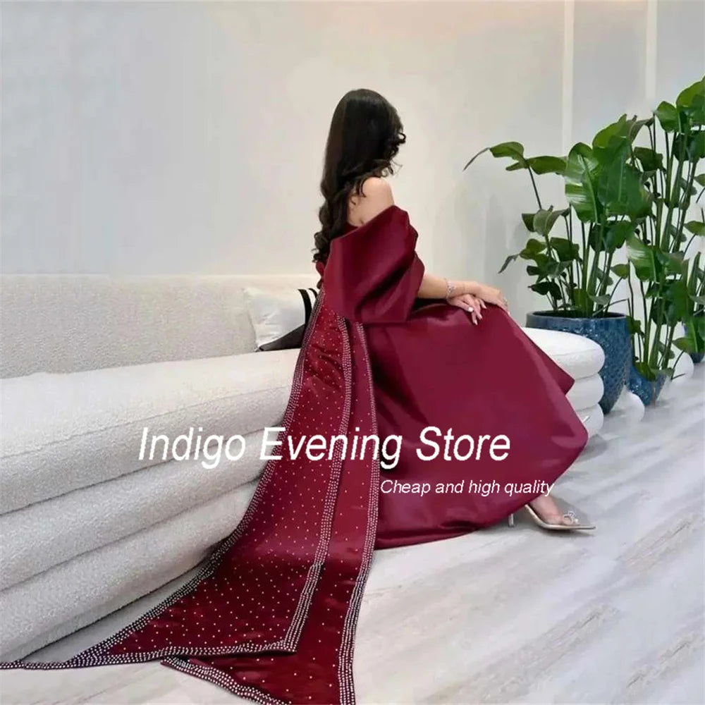 Indig Prom Dress A-Line Off The Shoulder Satin Ankle-Length Bow Pleat Beading Formal Party Evening Gown For Women فساتين السهرة