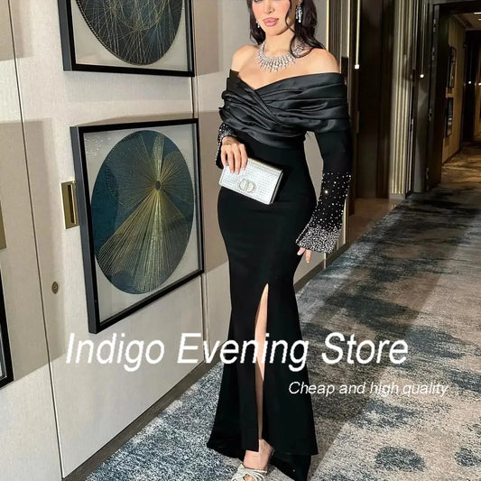 Indigo Evening Dresses Off Shoulder Beads High Slit Women Formal Party Dress 2024 فساتين الحفلات Vestido Para Graduación