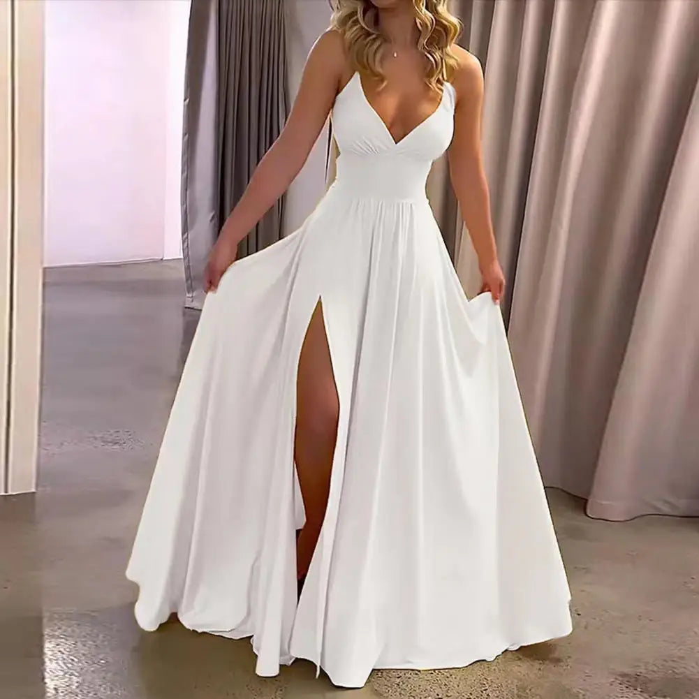 Women Maxi Dress Summer Fashion Suspender Solid Sleeveless Off Shoulder Low-cut V Neck Slit Slim Party Dresses High Streetwear