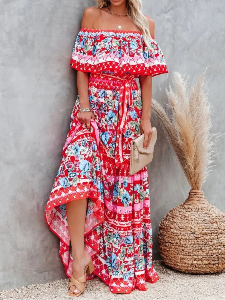 Summer Women Print Boho Dress Fashion Sexy Slash Neck Maxi Dresses For Femme Casual Elegant Party Vestidos Robe 2024 New Female