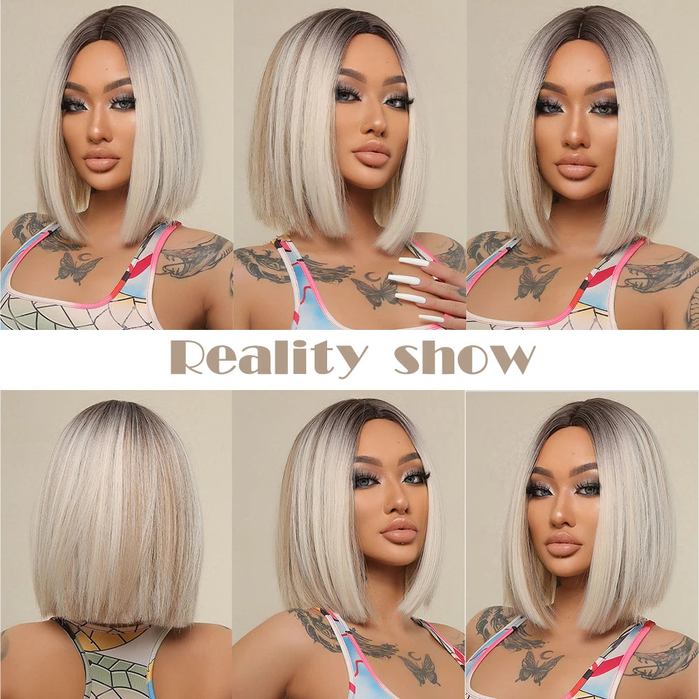 Brown Blonde Ombre Synthetic Wigs Short Straight Bob Wigs for Women Middle Part Lolita Cosplay Natural Hair Heat Resistant Fiber