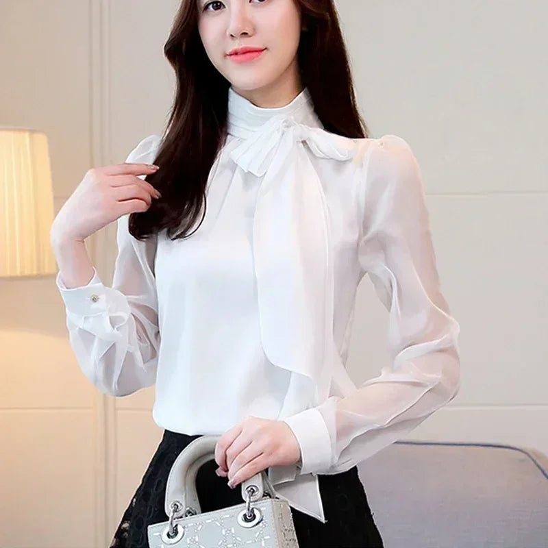 New Summer Fashion Tunic Women Blouse 2024 Long Sleeve Woman Tops Tie Bow Chiffon Women's Shirts Office Lady Clothes 0599