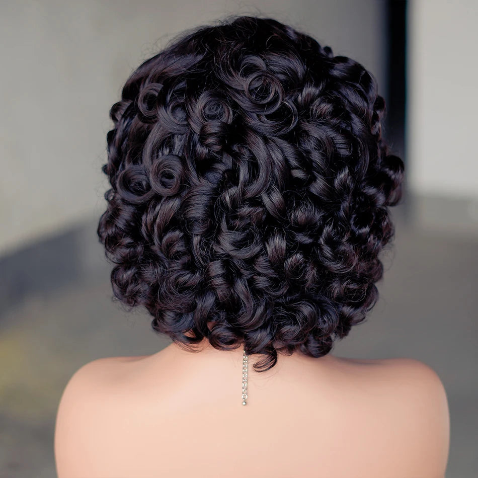 Rose Curly Wig With Bangs Fumi Human Hair Full Machine Made Loose Wave Short Bob Wigs For Women 250% Virgin Brazilian Pixie Cut