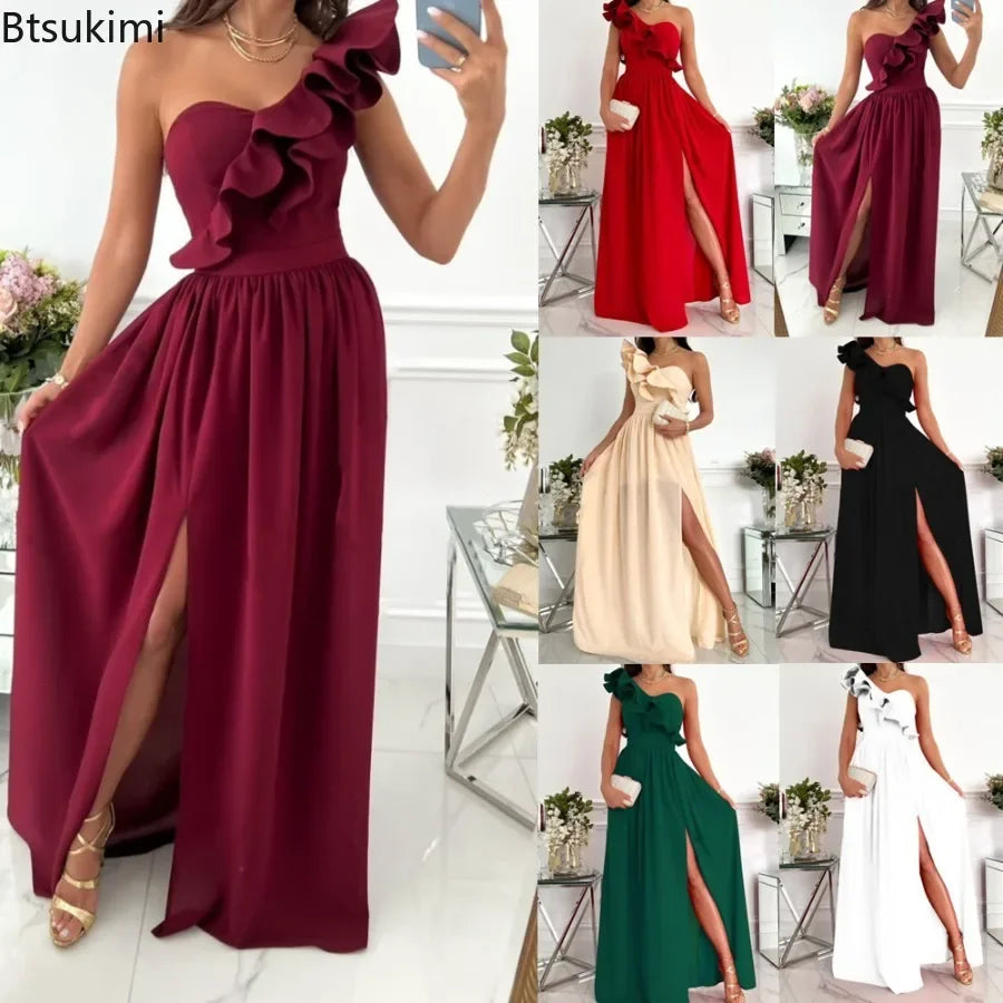 New 2024 Women's Summer Sleeveless Ruffle Hem Split Club Party Dress Solid Elegant Evening Long Dress Female Chiffon Midi Dress