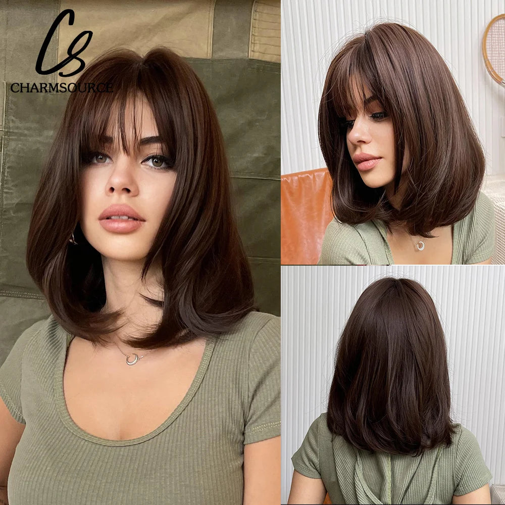 Short Medium Bob Wig Natural Wavy Hair with Bangs Dark Brown Synthetic Wigs For Women Daily Party High Temperature Fiber