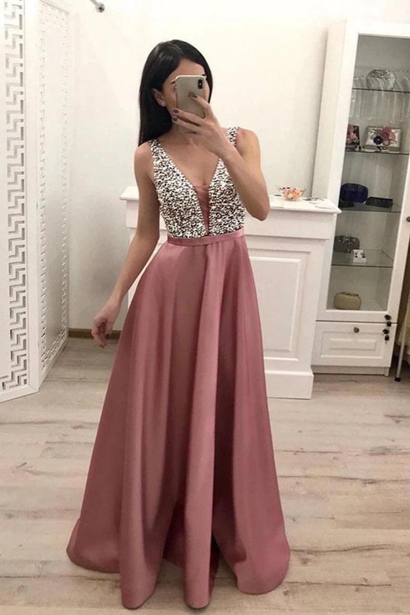 Fashion Ladies Sequins Evening Dress Sexy Deep V Neck Formal Prom Gowns High Quality Patchwork Sleeveless Bridesmaid Dress Woman