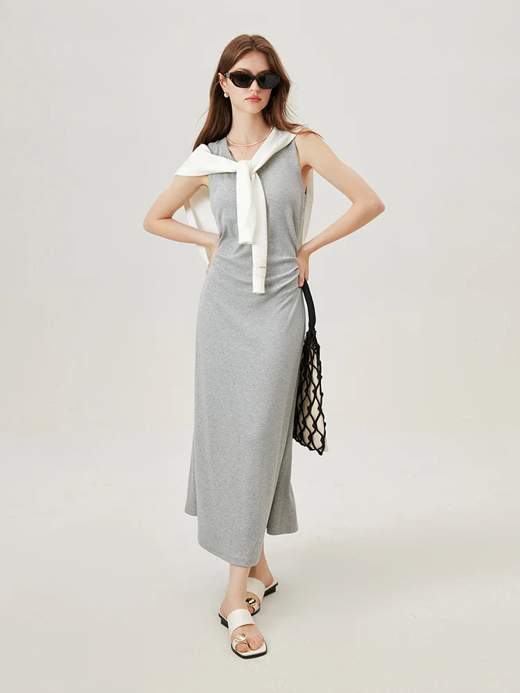 FSLE T-Shirt Dress Short Sleeve Long Spilt Grey Sleeveless Dresses Pleated A-LINE Dress 24FS12440+24FS12883