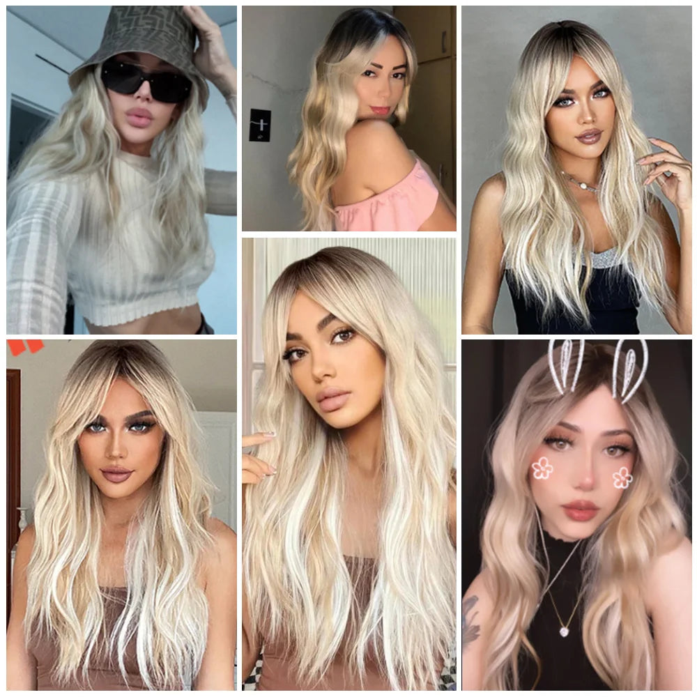 oneNonly Blonde Wig with Bangs Long Wave Good Quality Synthetic Wigs for Women Halloween Party Natural Heat Resistant Hair