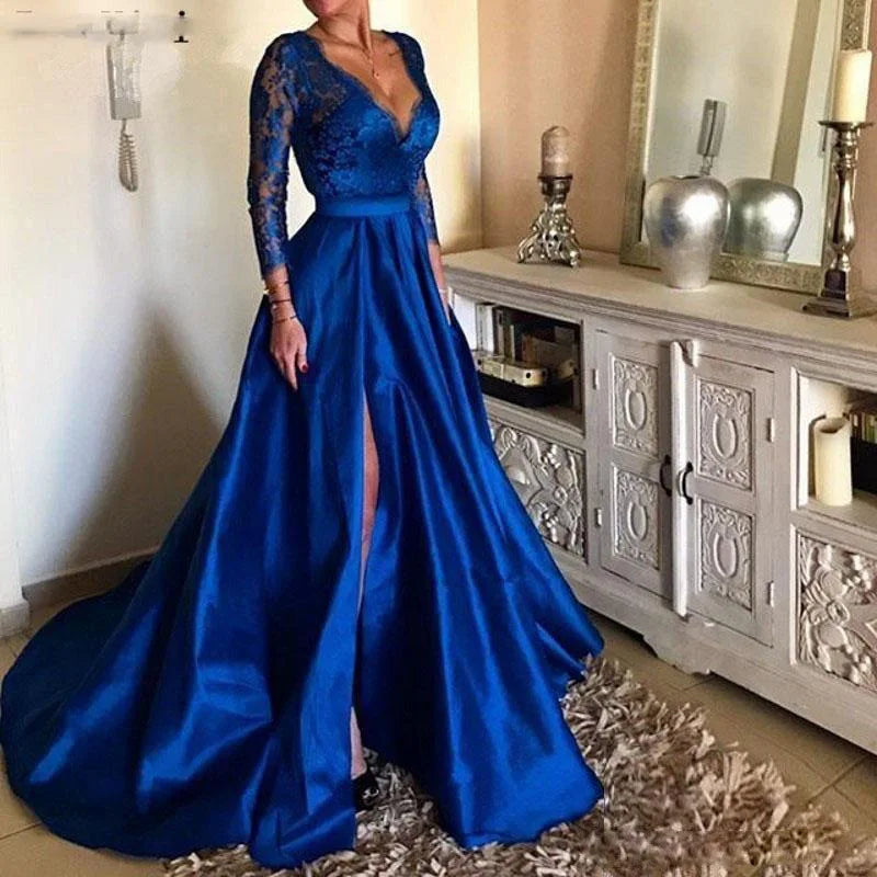 Elegant Women Royal Blue Prom Dress Deep V Neck Evening Dress Elegant Princess Lace Patchwork Splt Bridesmaid Wedding Dress