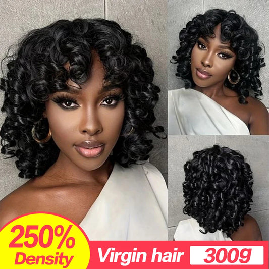 Rose Curly Wig With Bangs Fumi Human Hair Full Machine Made Loose Wave Short Bob Wigs For Women 250% Virgin Brazilian Pixie Cut