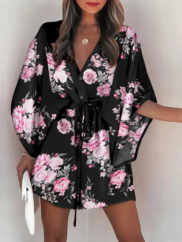 Casual Dress Women Fashion Flying Sleeve V-neck Print Beach Party Dresses Elegant Lace Up Mini Dress Robe Femme 2024 New Summer