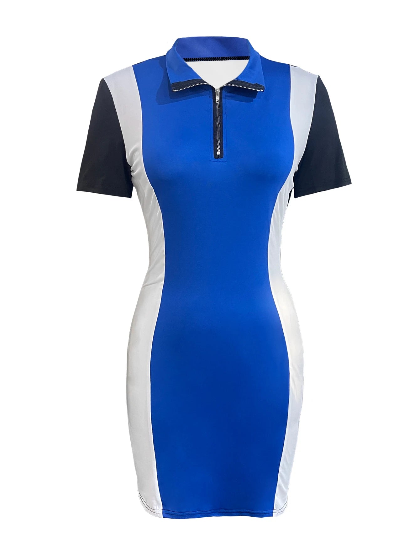 LW Casual Blue And White Patchwork Blue Mini Dress Turndown Collar Short Sleeve Zipper Design Dress Women Causal Fashion Clothes