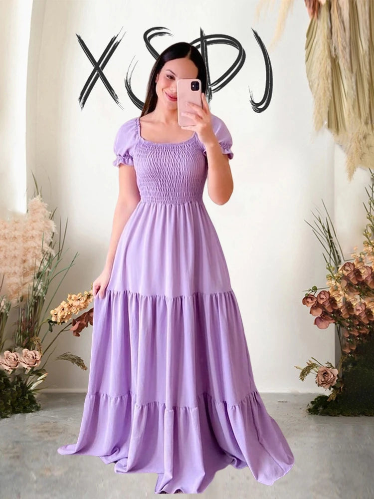 Summer Lady Long A-line Dress U Collar Pleated Fairy Womens Dress Sexy Women Dress Maxi Long Elegant Evening Party Free Shipping