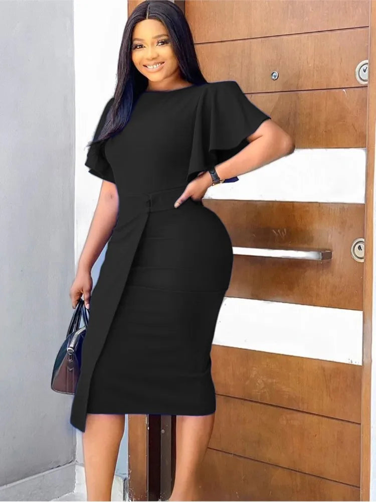 Spring Summer New Solid Color O Neck High Waist Slim Dress Temperament Elegant Lotus Sleeve Office Pullover Dress 2024