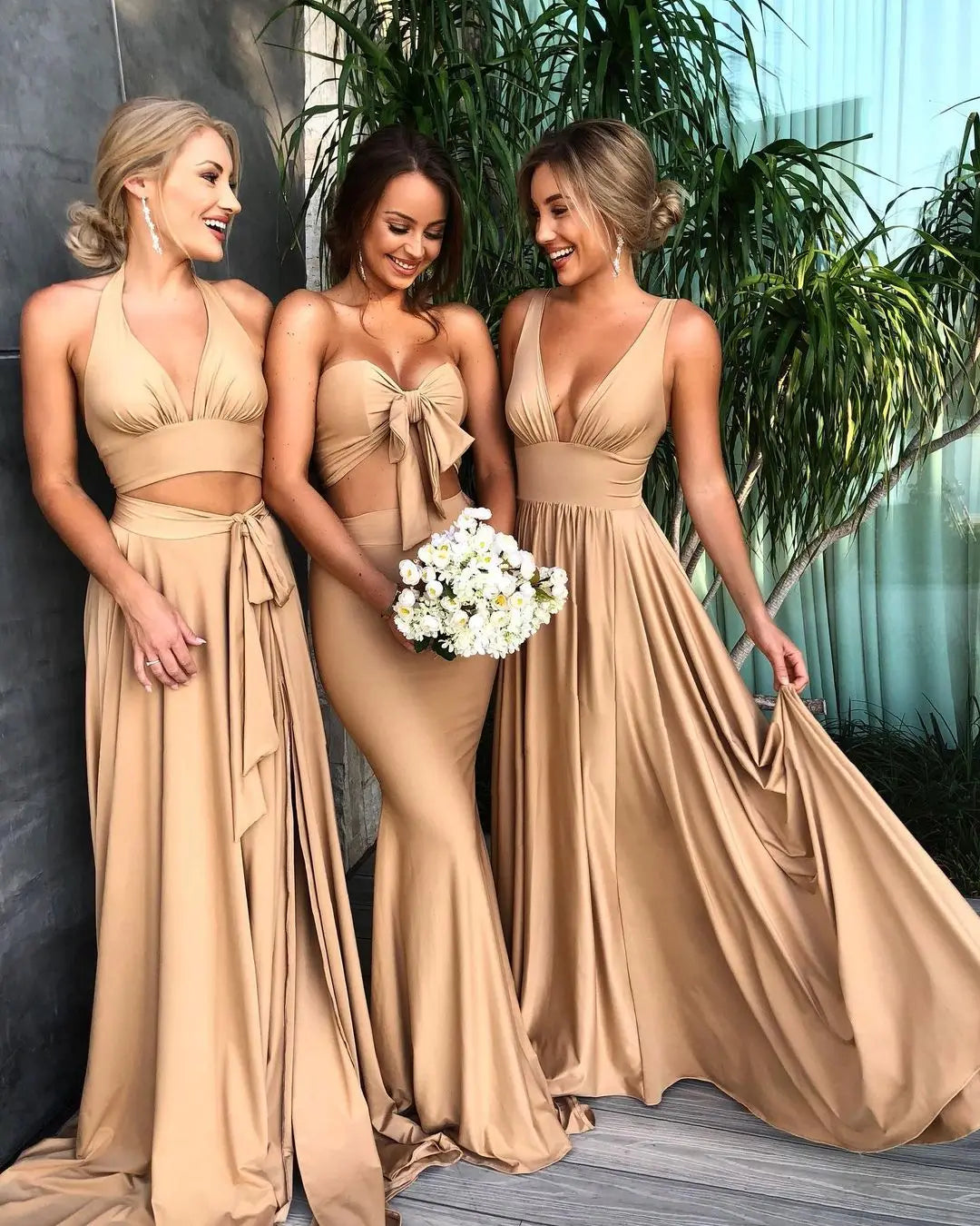 FATAPAESE Sexy Evening Dress Slit Champagne Gold Bridesmaid Dresses Long Satin Gowns V Neck Formal Prom Party Robe Custom-Made