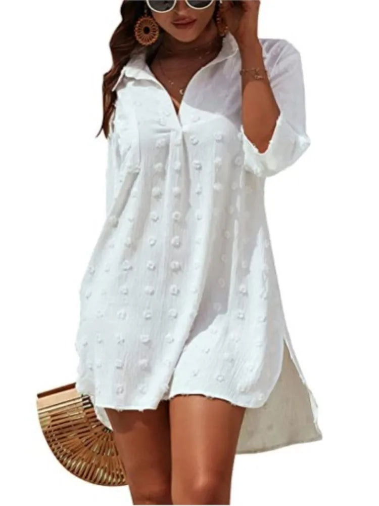 Woman Mini Black White Dress Fashion Casual Turn-down Collar Elegant Beach Party Dresses For Women Robe Femme Summer Beachwear