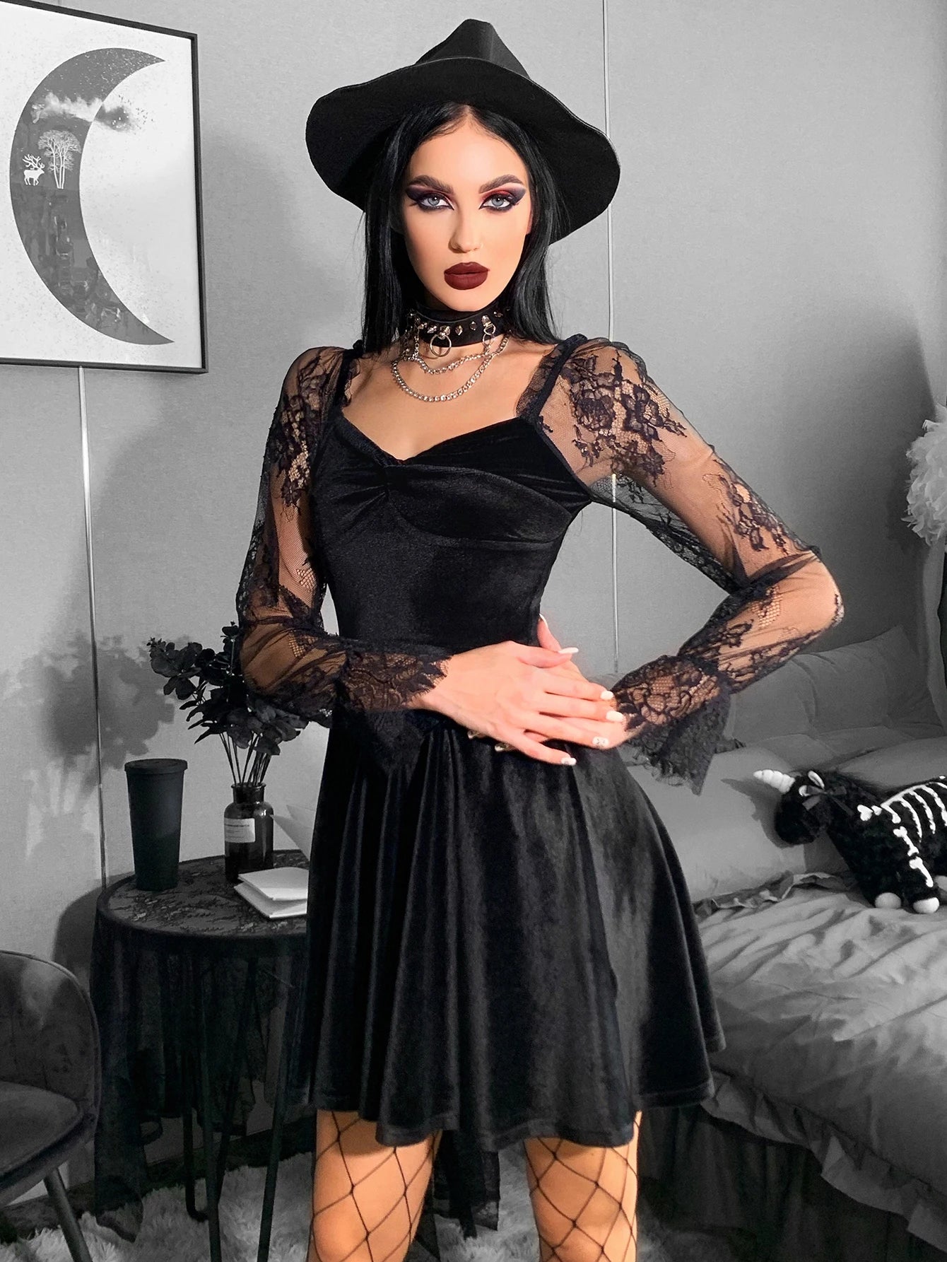 InsGoth Gothic Velvet Lace Lantern Sleeve Twisted Dress Women's 40s 50s Retro V Neck Backless Bodycon Goth Dresses Clothes