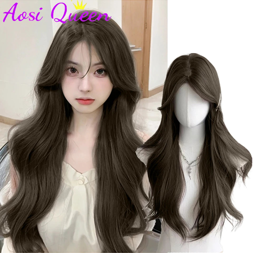 Forehead Lace Wig For Women With Long Hair Aoki Gray Middle-parted Long Curly Hair Big Waves Daily Natural Heat-resistant Wig